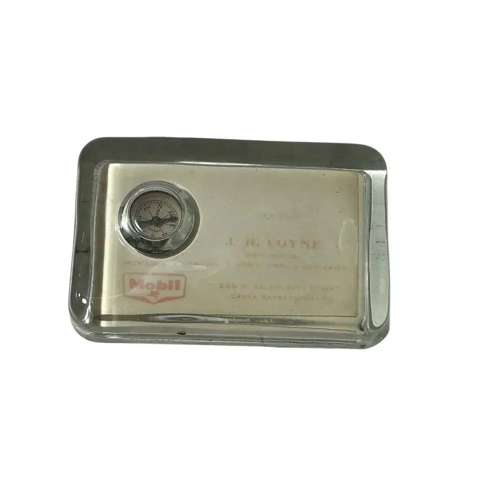 Vintage 1940's Mobil Gas Oil Advertising Glass PAPERWEIGHT Mirror & Compass